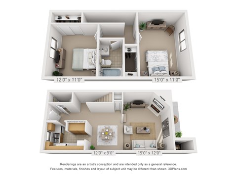 Floor plan for 2 beds, 1.5 baths, 1000 sqft